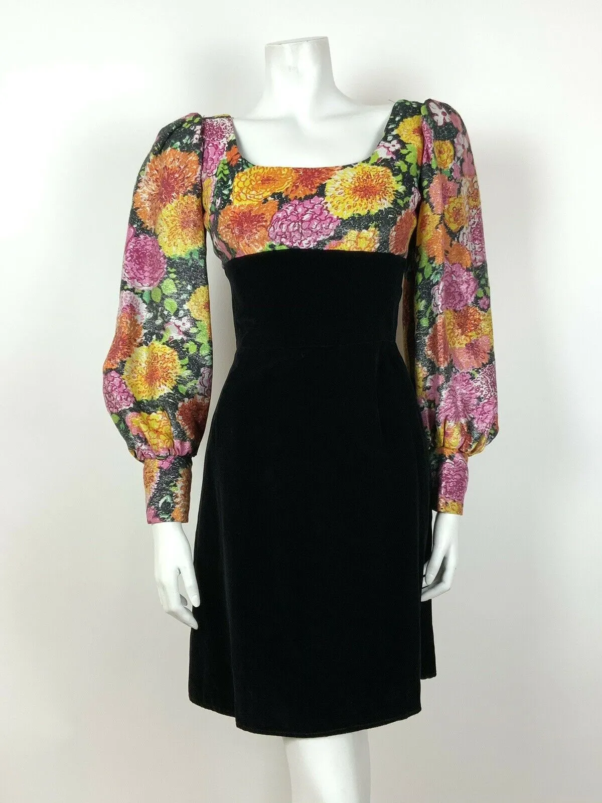 VINTAGE 60s 70s BLACK PINK ORANGE GREEN LUREX VELVET FLORAL EMPIRE LINE DRESS 8