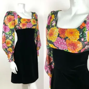 VINTAGE 60s 70s BLACK PINK ORANGE GREEN LUREX VELVET FLORAL EMPIRE LINE DRESS 8