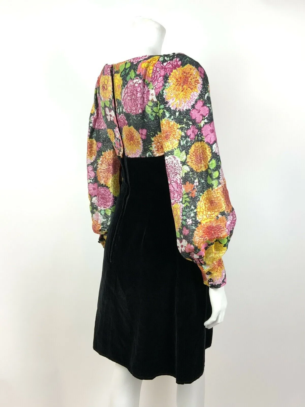 VINTAGE 60s 70s BLACK PINK ORANGE GREEN LUREX VELVET FLORAL EMPIRE LINE DRESS 8