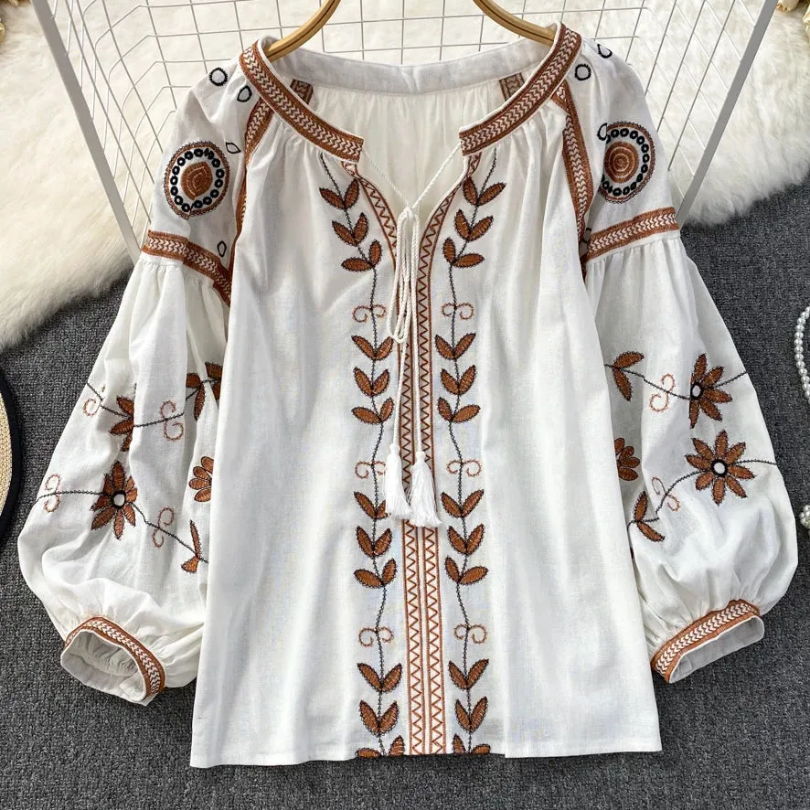 Vintage Floral Embroidery Boho Blouse - Elegant Slim Fit V-Neck Lantern Sleeve Shirt