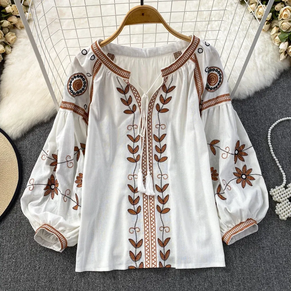 Vintage Floral Embroidery Boho Blouse - Elegant Slim Fit V-Neck Lantern Sleeve Shirt