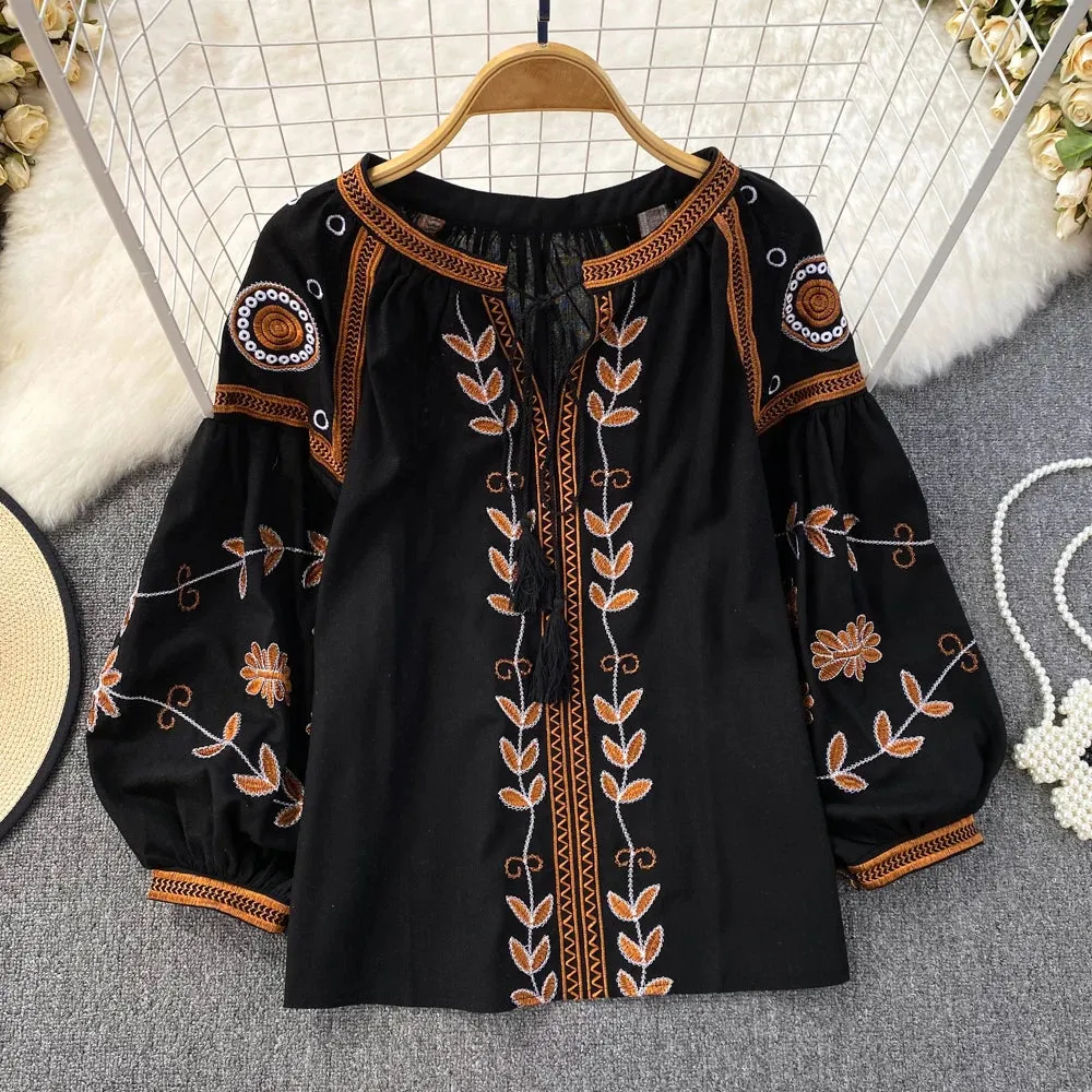 Vintage Floral Embroidery Boho Blouse - Elegant Slim Fit V-Neck Lantern Sleeve Shirt