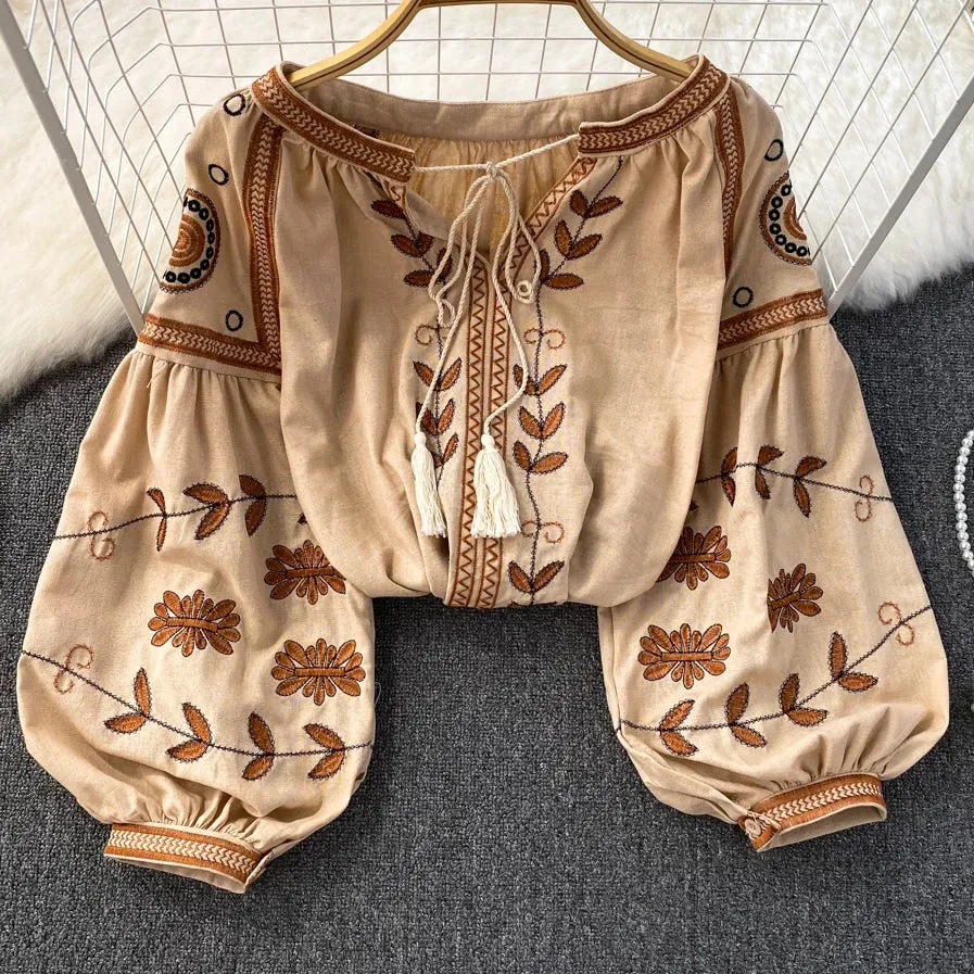 Vintage Floral Embroidery Boho Blouse - Elegant Slim Fit V-Neck Lantern Sleeve Shirt