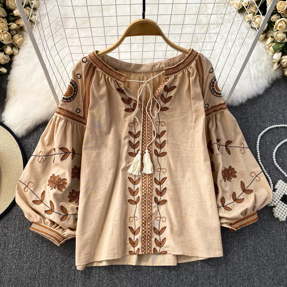 Vintage Floral Embroidery Boho Blouse - Elegant Slim Fit V-Neck Lantern Sleeve Shirt