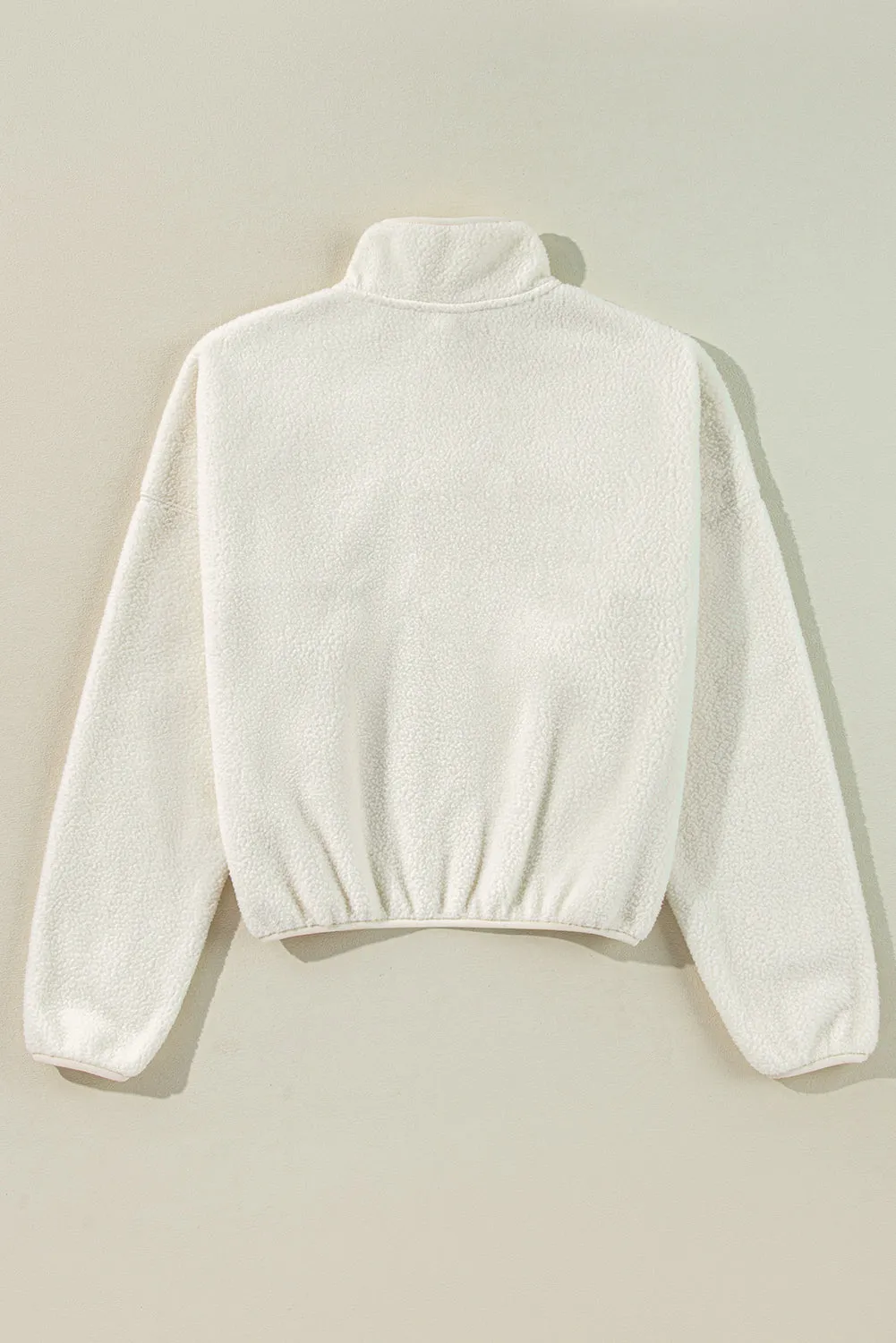 White Fleece Placket Turn-down Collar Drop Shoulder Sweatshirt