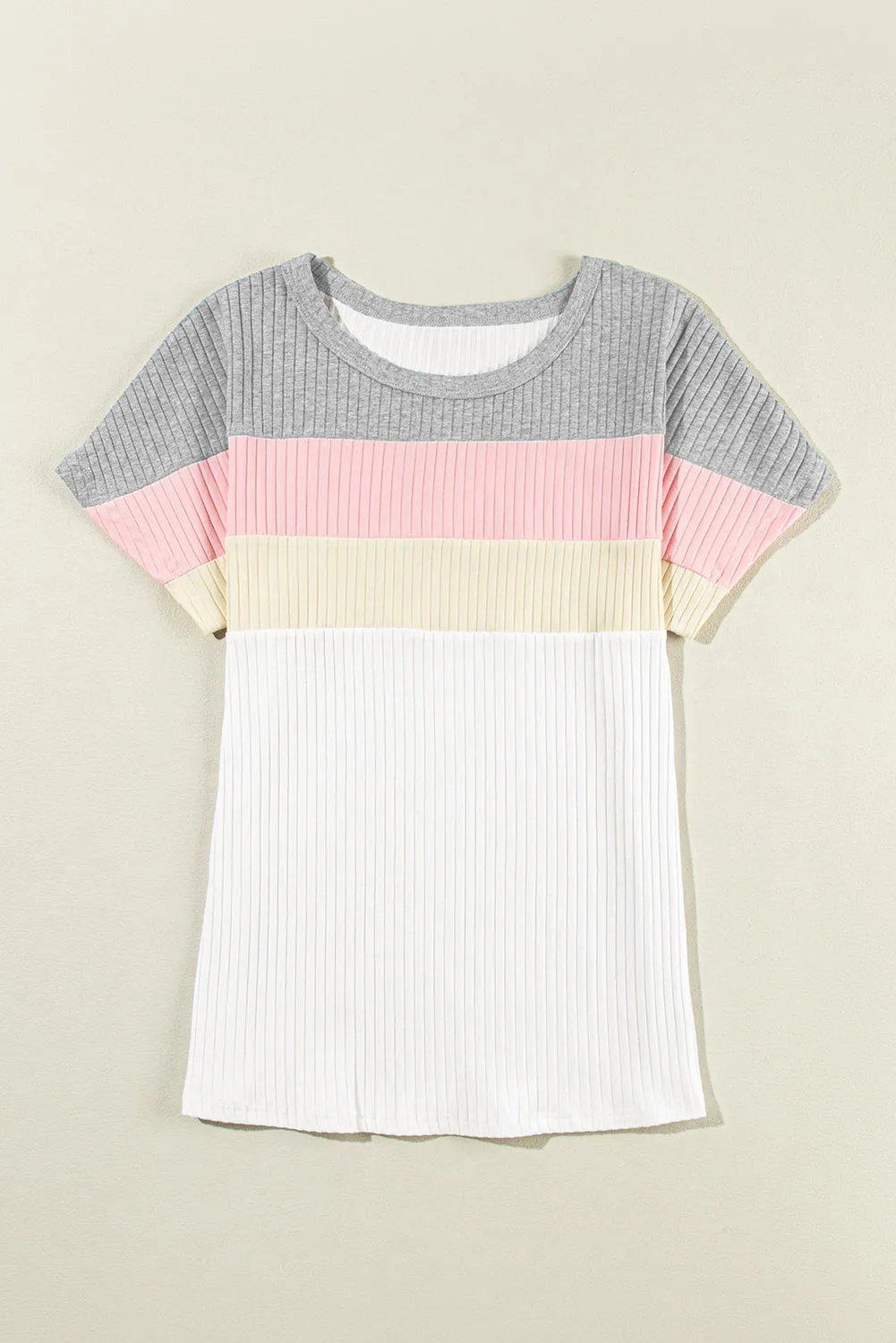 White Ribbed Color Block Patchwork T-shirt