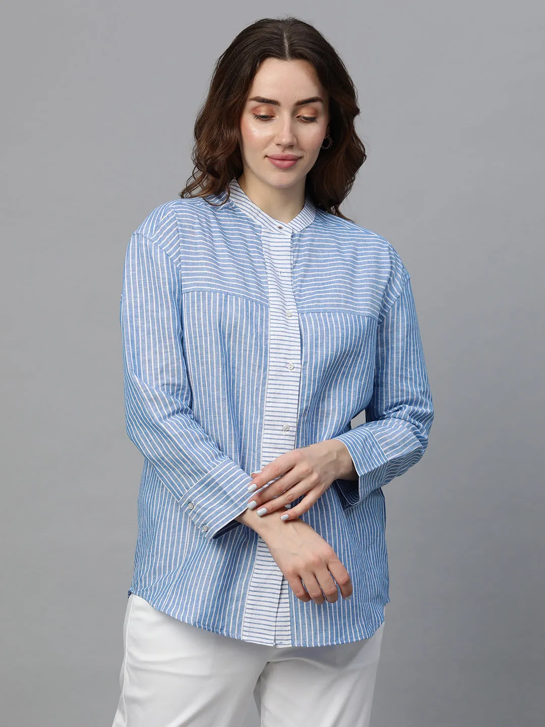 Women's Blue Linen Regular Fit Blouse